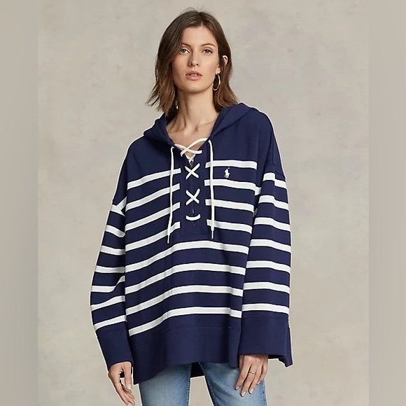 Ralph Lauren Striped Lace-Up Fleece Pullover - Picture 1 of 7